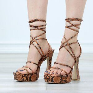 Snakeskin Platform Sandals Chunky Heel Lace-Up Faux Leather Wrap Tie